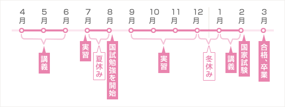 助産師養成過程の年間スケジュールイメージ。1年制の助産師学校に通うAさんの場合。4～6月：講義→7月：実習→7～8月の間：夏休み→8月：国試勉強を開始→9～12月：実習→12月～1月の間：冬休み→1～2月：講義→2月：国家試験→3月：合格・卒業。