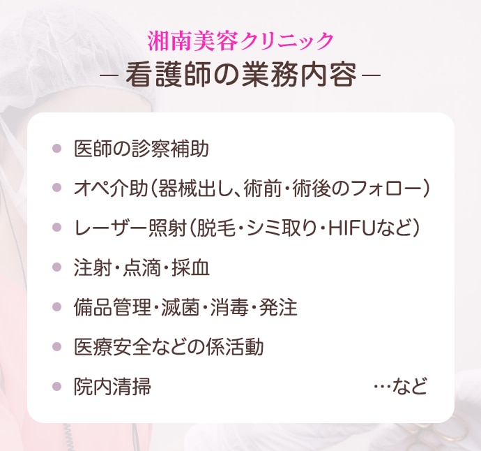 湘南美容クリニックの看護師の業務内容一覧：医師の診察補助、オペ介助（器械出し、術前・術後のフォロー）、レーザー照射（脱毛・シミ取り・HIFUなど）、注射・点滴・採血、備品管理・滅菌・消毒・発注、医療安全などの係活動、院内清掃…など
